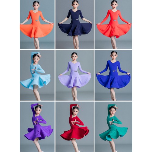 Girls kids purple navy Royal blue orange Latin Ballroom Dance Dress Salsa Cha Cha Dance Costumes for Children